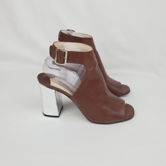 Prada Milano tan/brown leather chunky heel Open toe bootie size 38.5 - Picture 4 of 10